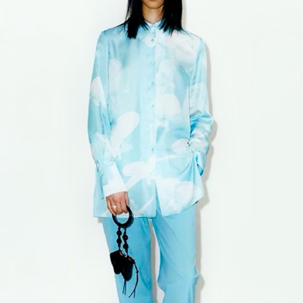 ☁️ Momoko Chic Blue Sky & White Clouds Button-Up Shirt , S
